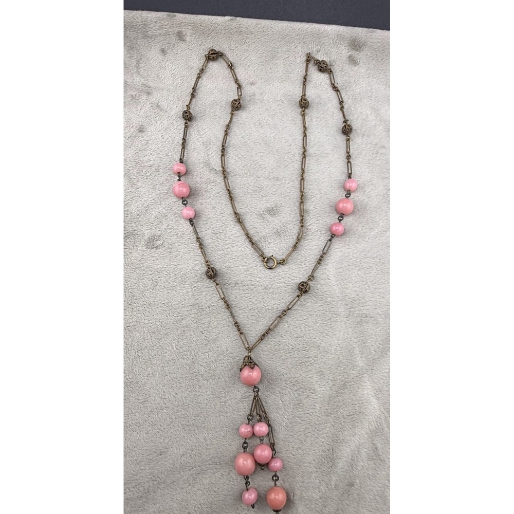 Vintage Art Deco Necklace Long Statement‎ Pink Beaded Spring 34"